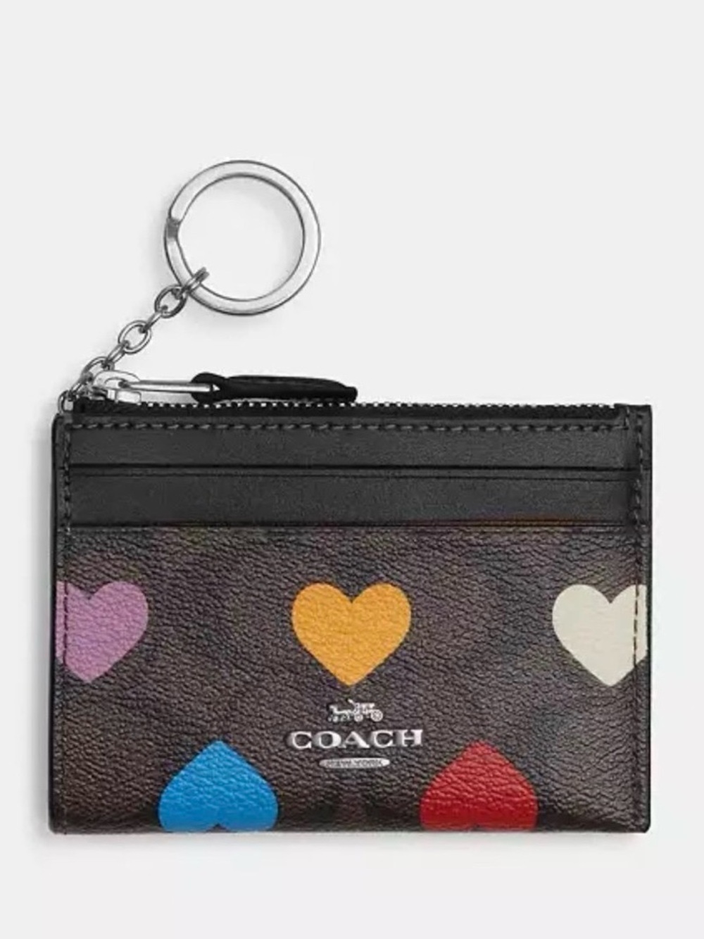 COACH CP466 Mini Skinny Id Case Coin Wallet Signature Canvas Leather Heart Print